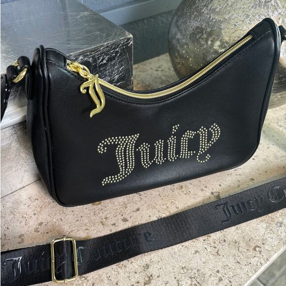 Juicy Couture Liquorice Obsession Crossbody Black Faux Leather Studded Logo NWOT - Picture 2 of 7